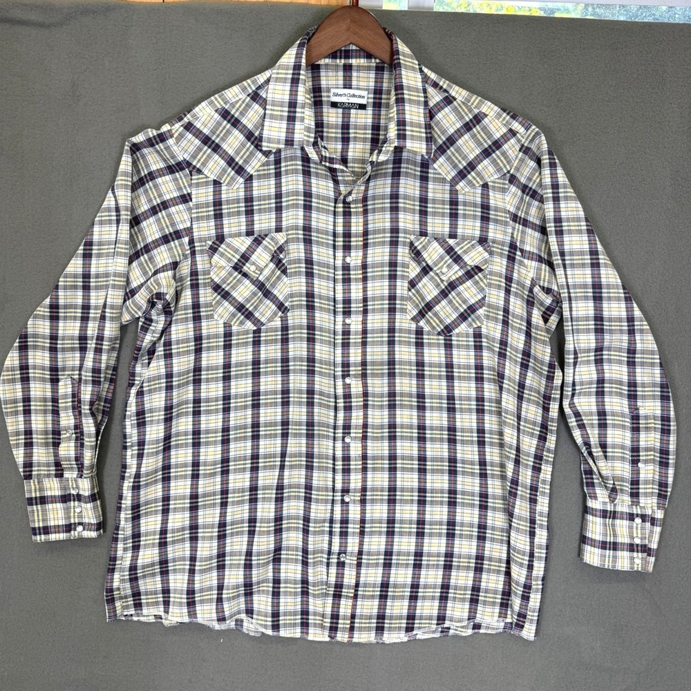 Vintage Karman Western Shirt Men XL Plaid Pearl Snap Silver Collection